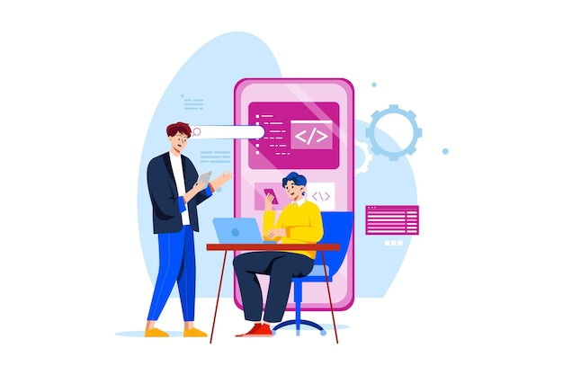 Product team programming mobile app with laptop