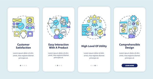 Product usage onboarding mobile app page screen. Satisfaction, easy interaction walkthrough 4 steps graphic instructions with concepts. UI, UX, GUI vector template with linear color illustrations