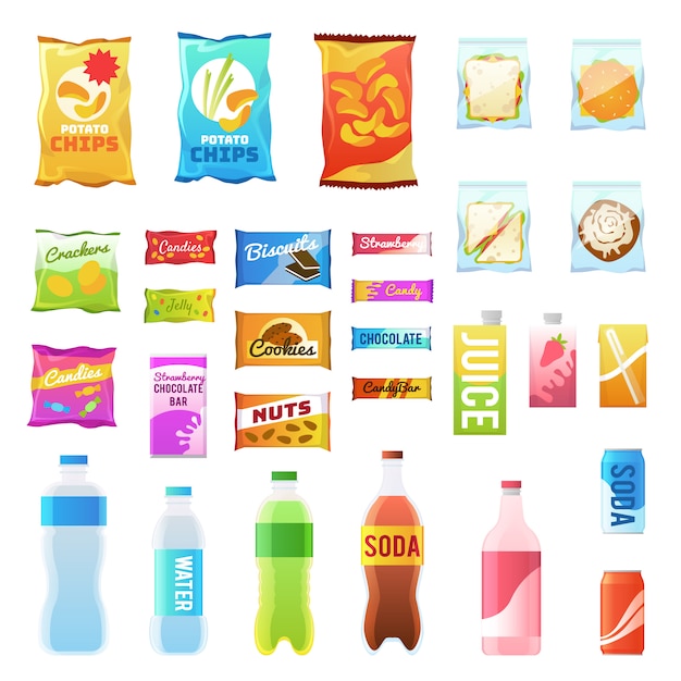 Product for vending. Tasty snacks sandwich biscuit candy chocolate drinks juice beverages pack retail, set flat