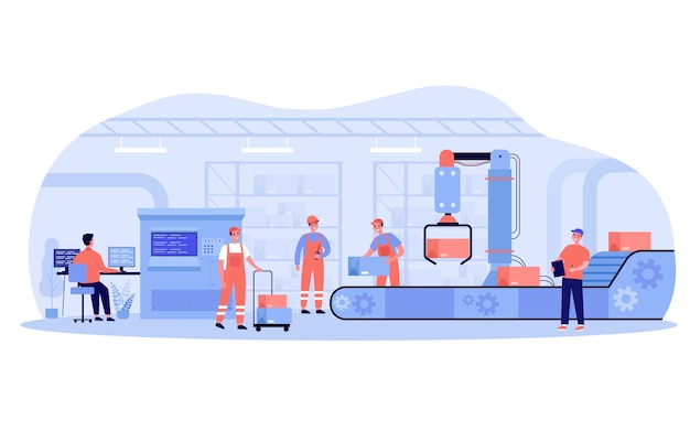 Productieproces in fabriek. werknemers en robot verwijderen dozen van transportband. ingenieur bij computercontrolesysteem. illustratie voor industrie, automatisering, machinetechnologieconcepten