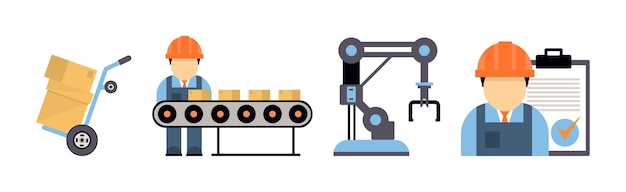 Productieproces met machineoperator man in hardhat icoontjes vector set