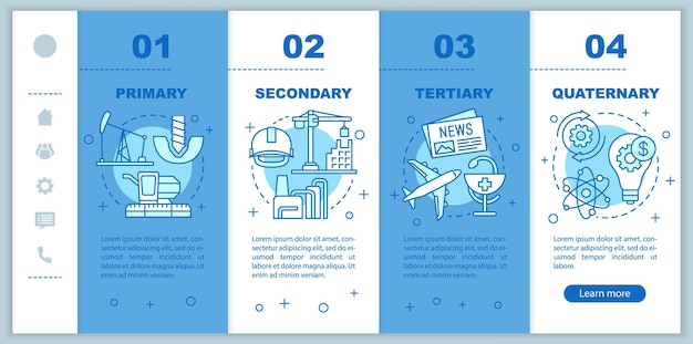 Productieproces onboarding mobiele webpagina's vector sjabloon. Industrie type. Responsieve smartphone website interface idee met lineaire pictogrammen. Stapschermen voor het doorlopen van webpagina's. Kleur concept