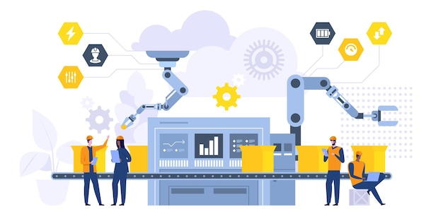 Illustrazione di vettore piatto di automazione della produzione. operai di fabbrica maschi e femmine, ingegneri personaggi dei cartoni animati. processo di produzione intelligente, apparecchiature robotiche. macchinari futuristici ad alta tecnologia