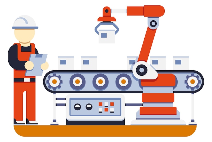 Vector production control concept factory engineer on conveyor belt