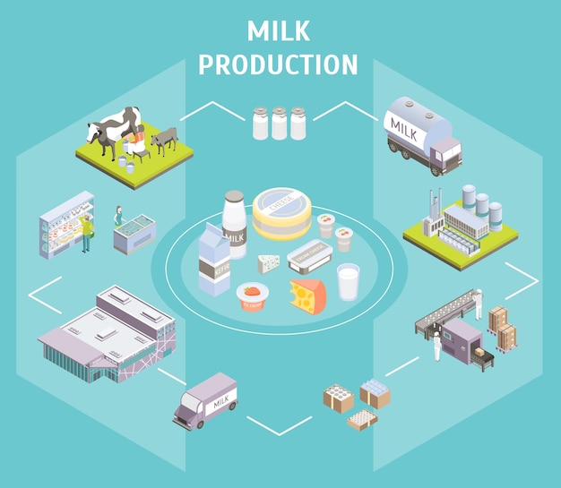 Production delivering milk concept 3d isometric view include of dairy factory car delivery services and shop vector illustration