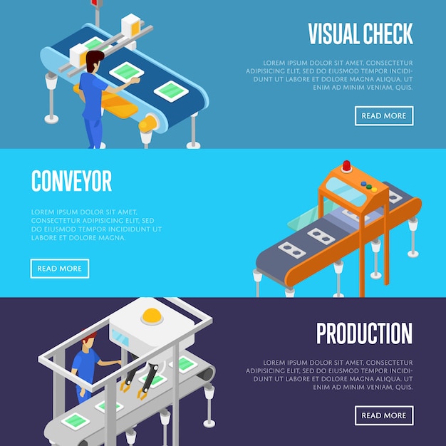 Vector production line isometric 3d banner web set