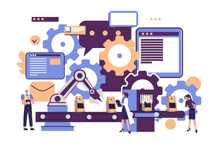Vector a production line with workers flat style illustration vector design