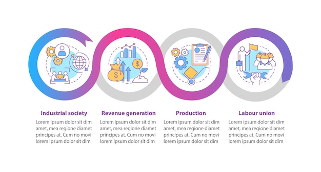 Modello di infografica vettoriale del processo di produzione. elementi di design di presentazione aziendale. visualizzazione dei dati con quattro passaggi e opzioni. grafico della sequenza temporale del processo. layout del flusso di lavoro con icone lineari