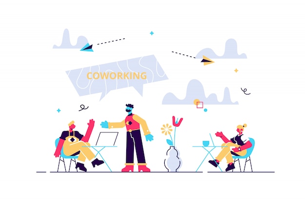 Productive cooperation, work organization, freelance and outsource. coworking of freelancers, teamwork and communication, independent activity concept. isolated concept creative illustration