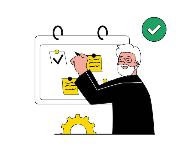 Productiviteit werkplekconcept met karaktersituatie Man organiseert werkstroom en processen maakt aantekeningen en voert taken uit tot deadline Vector illustratie met mensenscène in plat ontwerp voor web