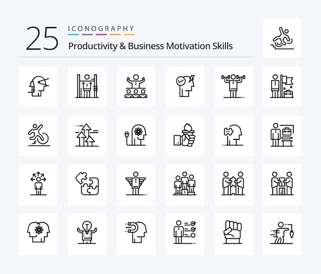 Вектор Навыки продуктивности и деловой мотивации 25 line icon pack, включая наставника команды по улучшению работы мозга