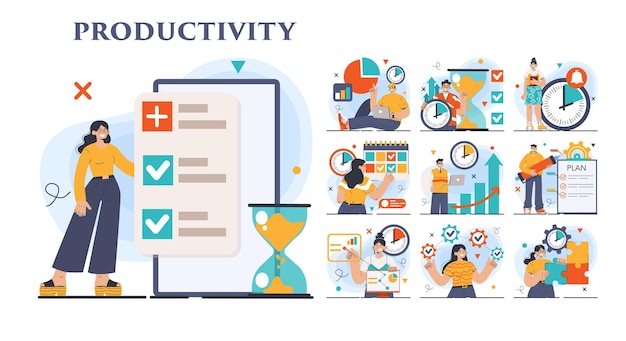 Productivity concept set character worktime optimization employee