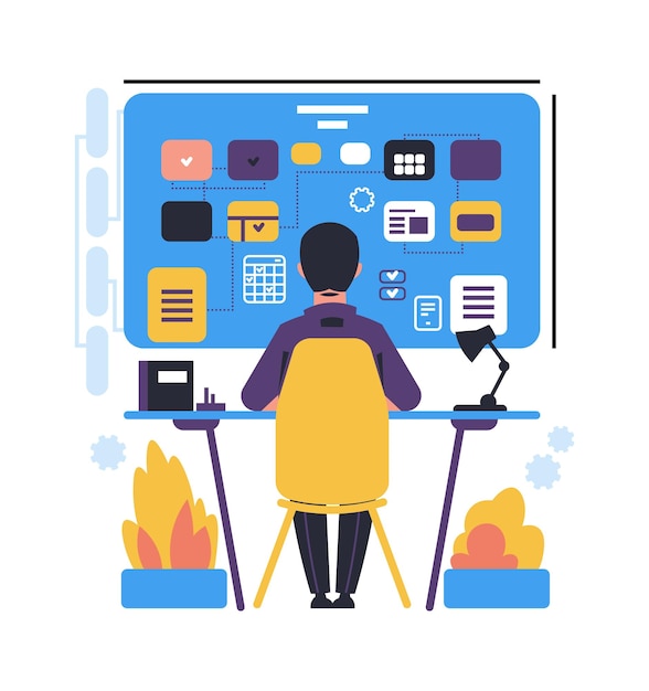 Productivity improvement time management Man sitting at table Motivation or multitasking work Optimization workflow and organization business processes Isolated vector flat concept