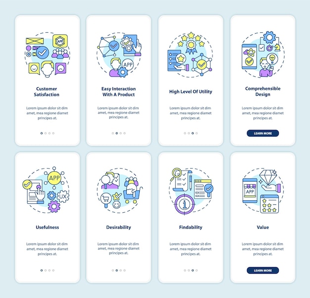 Productontwikkeling onboarding paginaschermen voor mobiele apps ingesteld. Klantfeedback doorloop 4 stappen grafische instructies met concepten. UI, UX, GUI vectorsjabloon met lineaire kleurenillustraties