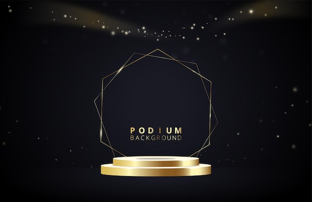 Productpodium met licht gouden krommelijn en bokeh en vervagingselementen op donkere achtergrond