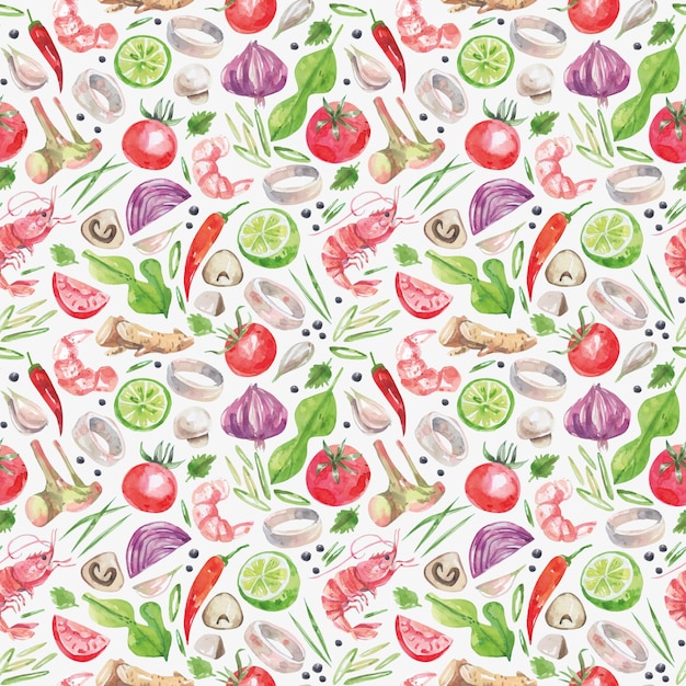 Products for asian soup tom yum seamless pattern on a white background.