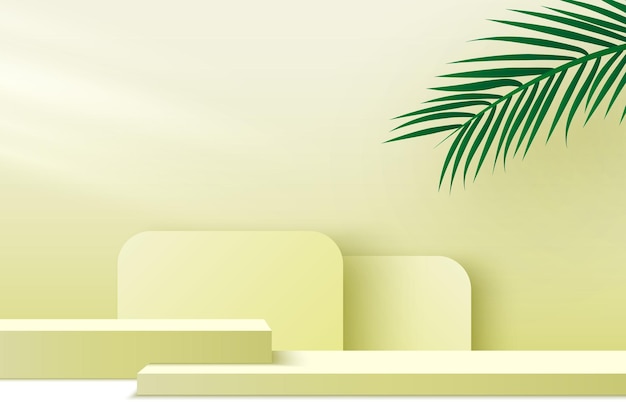 Piattaforma espositiva prodotti podio con foglie di palma stand espositivo piedistallo palco 3d rendering