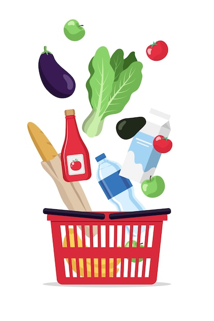 Products falling into a shopping basket, supermarket ilustration