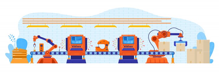 Vector products packaging by robot illustration, cartoon flat automatic factory conveyor process on packing with modern robotic arms