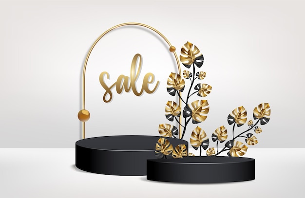 Products presentation background vector with 3d black display podium arch shape Golden leaf backdrop