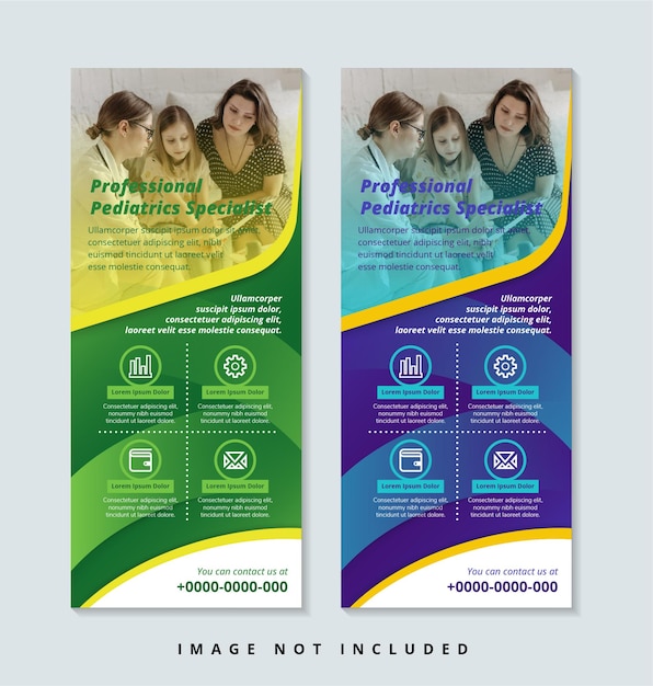 Vector professioanal pediatric specialist roll up banner design template in vertical layout green and blue