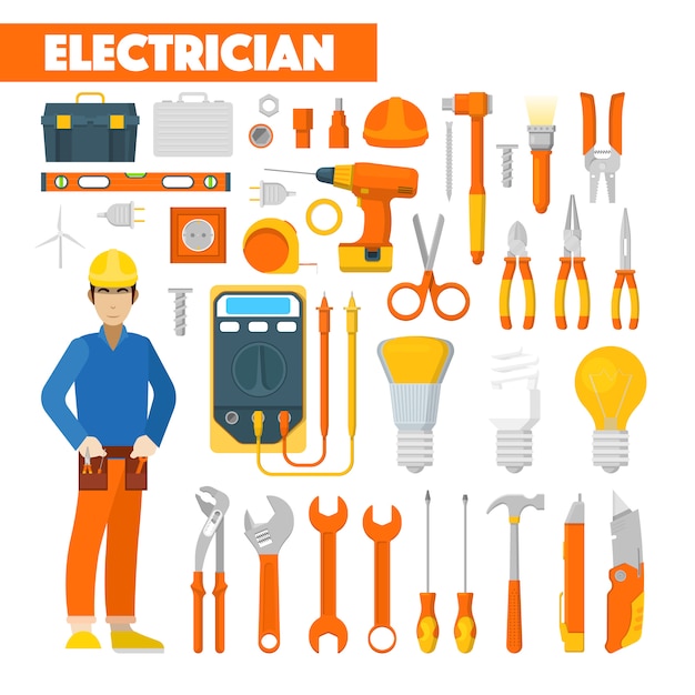 Vettore icone dell'elettricista di professione messe con il voltmetro e gli strumenti. illustrazione