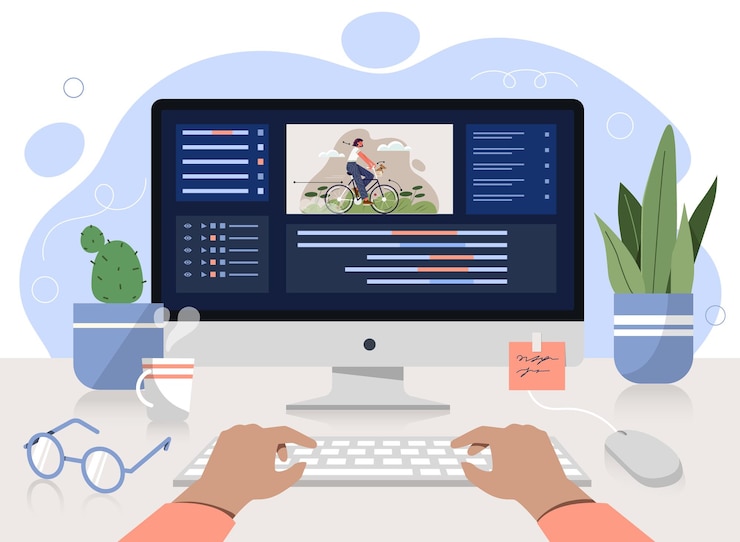 Vector profession of graphic animator or editor person works on computer in special program for motion