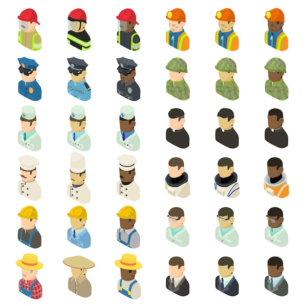 Profession icons set. Isometric illustration of 36 profession vector icons for web