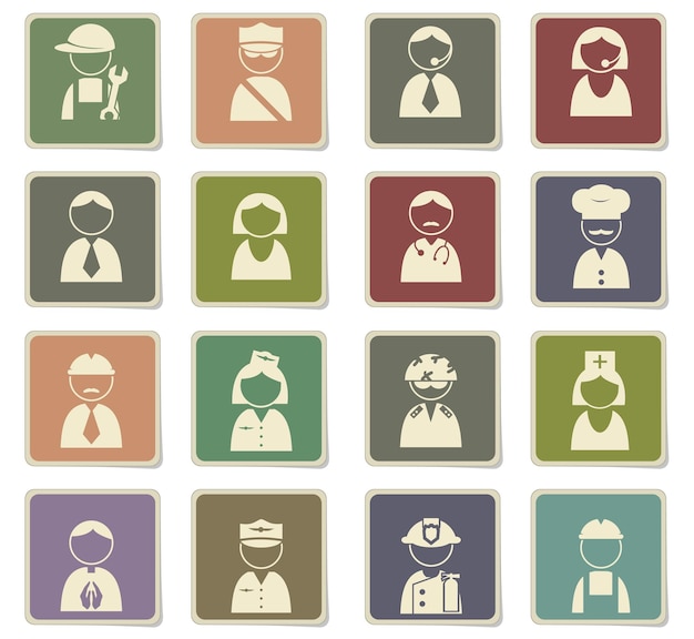 Profession icons on square paper stickers with shadow