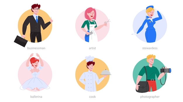 Vector profession set. collection of occupation, male and female worker in the uniform. businessman, photographer, ballerina, chief, hair stylist, stewardess.   illustration