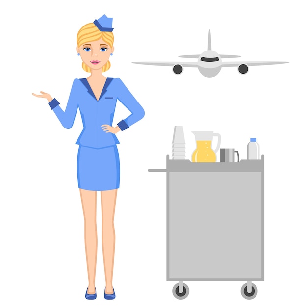 Vector profession set: stewardess. plane front view. cart flight attendants.