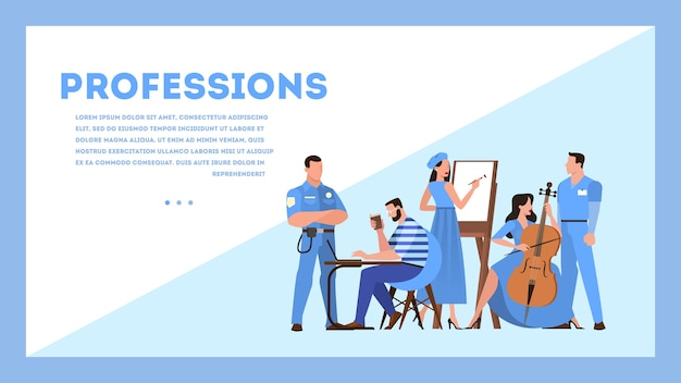 직업 웹 배너 개념입니다. 직업, 남성과 여성 노동자 유니폼의 컬렉션입니다. 의사, 경찰관 및 예술가. 삽화
