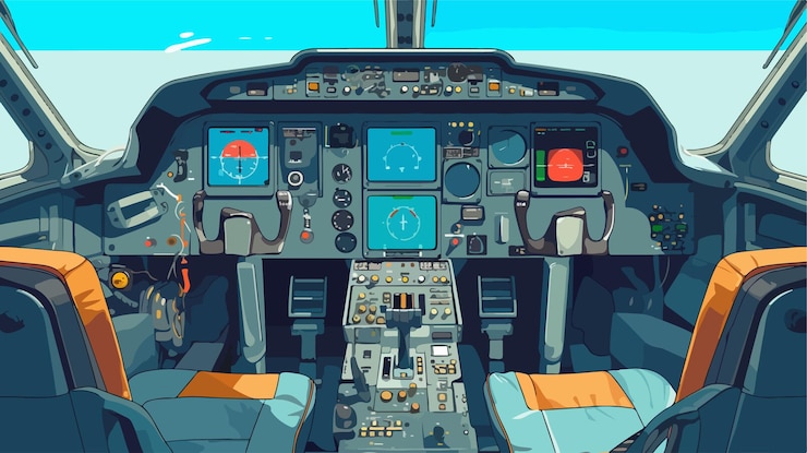 Vector professional aircraft cockpit interior in flat vector isolated illustration