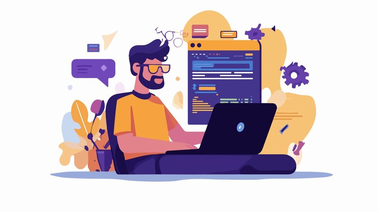 Vector professional alt tag optimization for seo with man working on laptop
