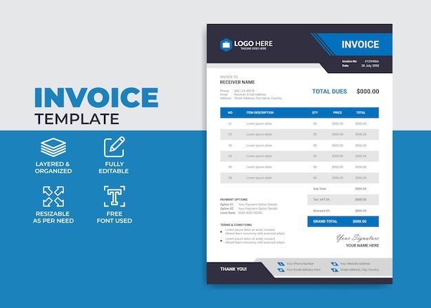Профессиональный и современный корпоративный шаблон счета-фактуры с логотипом бренда и бизнес-значком