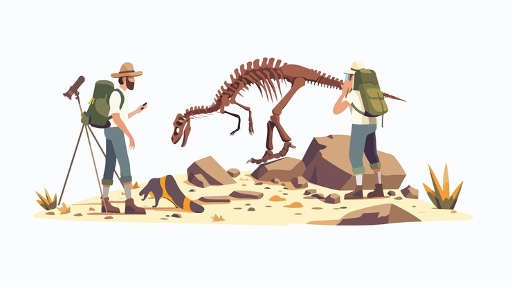 Vector professional archeologists and paleontology scientists excavating site