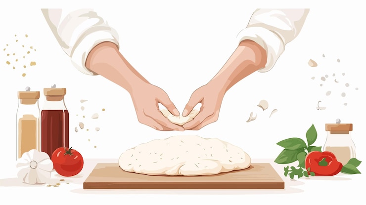 Vector professional artisan kneading pizza dough in kitchen