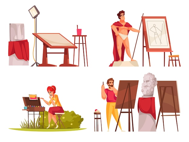 Professional artists and model working in studio and outdoors cartoon compositions set isolated vector illustration