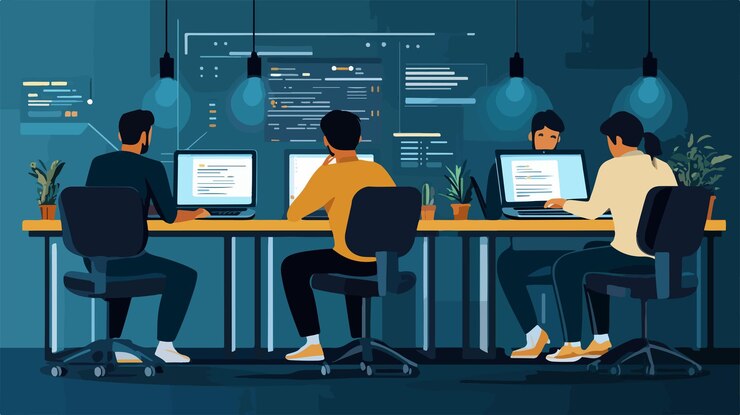 Вектор профессиональная азиатская команда разработчиков сидит за столом