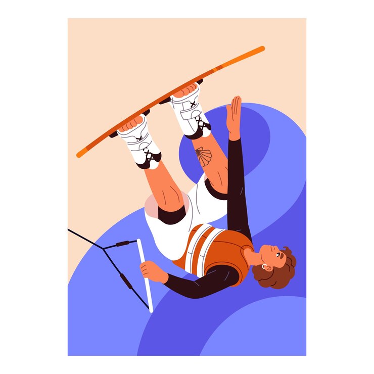 Vector professional athlete surfing rides on board with foot bindings jumps on ocean waves person goes extreme water sport rider wakeboarding kitesurfing does tricks stants flat vector illustration
