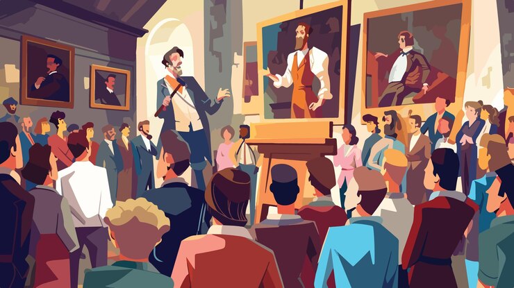 Vector professional auctioneer selling painting at art auction event