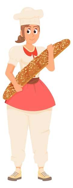 プロのパン屋のキャラクター女性は、白い背景で隔離新鮮なバゲットを保持します。