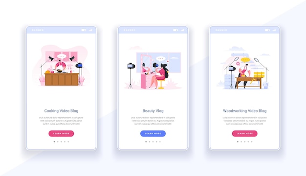 Профессиональные баннерные экраны онлайн-блогов. интернет-слайды видео советов по красоте и кулинарии от известных авторов. работа с деревом и консультации профессиональных плотников. современные векторные цифровые шаблоны