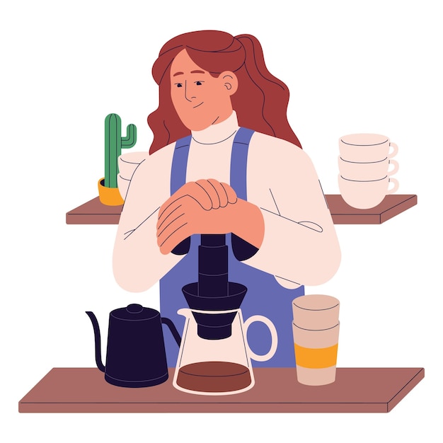 Professional barista making aeropress coffee in cafe restaurant Worker preparing drink in coffeeshop Young woman in apron brew beverage in coffeehouse Flat isolated vector illustration on white