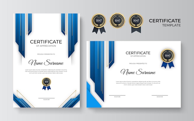 Professional blue certificate template in premium style. Certificate of appreciation template with golden decoration element. Design diploma graduation, award. Vector illustration