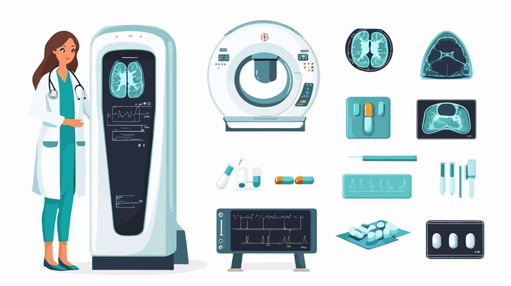 Vector professional body xray machine with woman in medical uniform