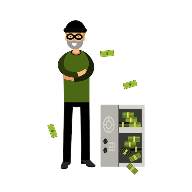 Professional burglar character in a mask opened a safe with money vector illustration on a white background