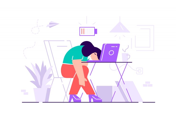 Vector 전문적인 소진. 긴 근무일. 직장에서 밀레 니얼 세대. 평면 그림
