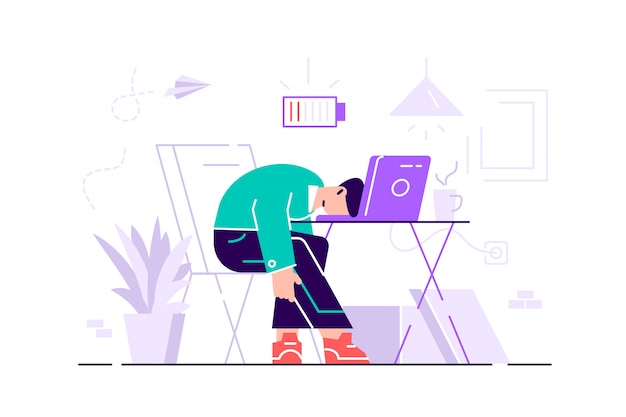 Vector professional burnout. long working day. millennials at work. flat illustration