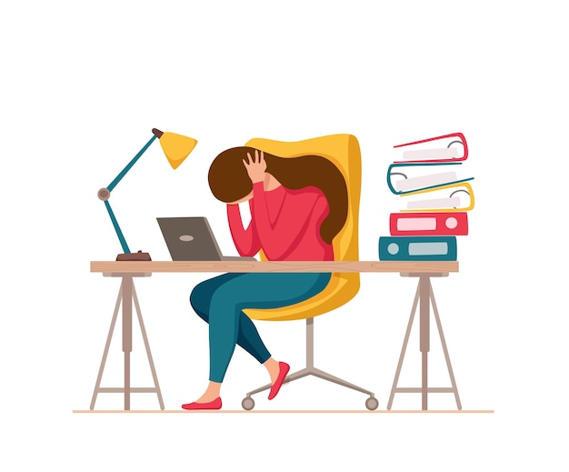 Professional burnout syndrome exhausted woman tired sitting at her workplace in office holding her head